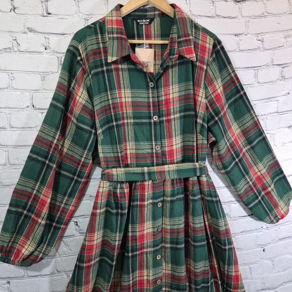 BloomChic Green Red Plaid Flannel‎ Button Front Shirt Dress Plus Sz 18-20 New - Picture 3 of 13